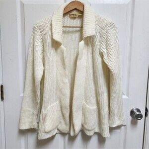 Littlewood & Green Sweater Women L Cream Cardigan Open Chunky Pocket Vtg Grandma